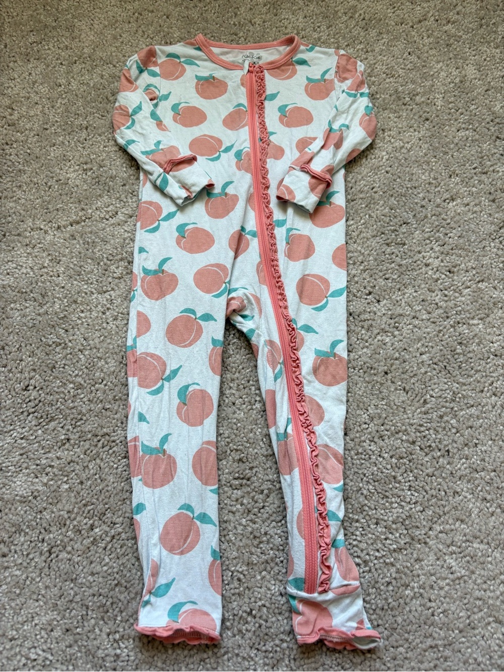 KicKee Pants Peach-Print Ruffle Zip Pajamas - Peach/White